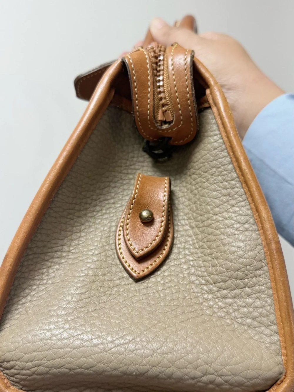 Vintage Dooney & Bourke Taupe Pebbled Leather Satchel with Tan Trim